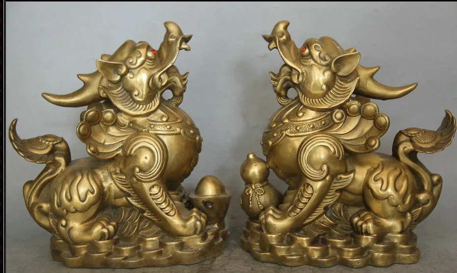 

hui88K811<<<10" China Brass animal cucurbit Money Pi Xiu Unicorn Beast sculpture Statue Pair