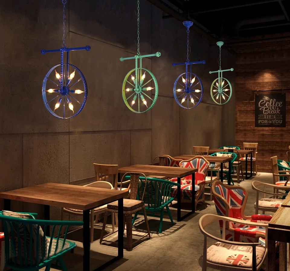 

L industrial wind restoring ancient ways color lamp American village restaurant, wrought iron bar art wheel droplight