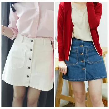 

WEIXINBUY New Summer Womens Ladies A-line Pencil Jeans Skirt Front Button High Waist Denim Small Pockets Skirt Harajuku