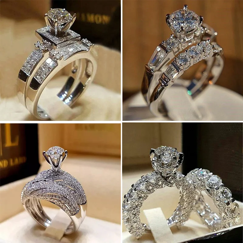 

Boho Female Crystal White Round Ring Set Brand Luxury Promise Silver Engagement Ring Vintage Bridal Wedding Rings for Women
