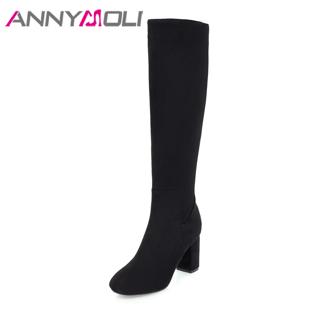 

ANNYMOLI Knee High Boots Women Boots Winter Zipper High Heel Tall Boots Square Toe Square Heel Female Shoes Red Large Size 33-43