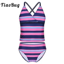 TiaoBug Kids Teens Tankini Spaghetti Straps Striped Swimsuit Swimwear Tops Bottoms Bikini Set Children Girls Beach Bathing Suits