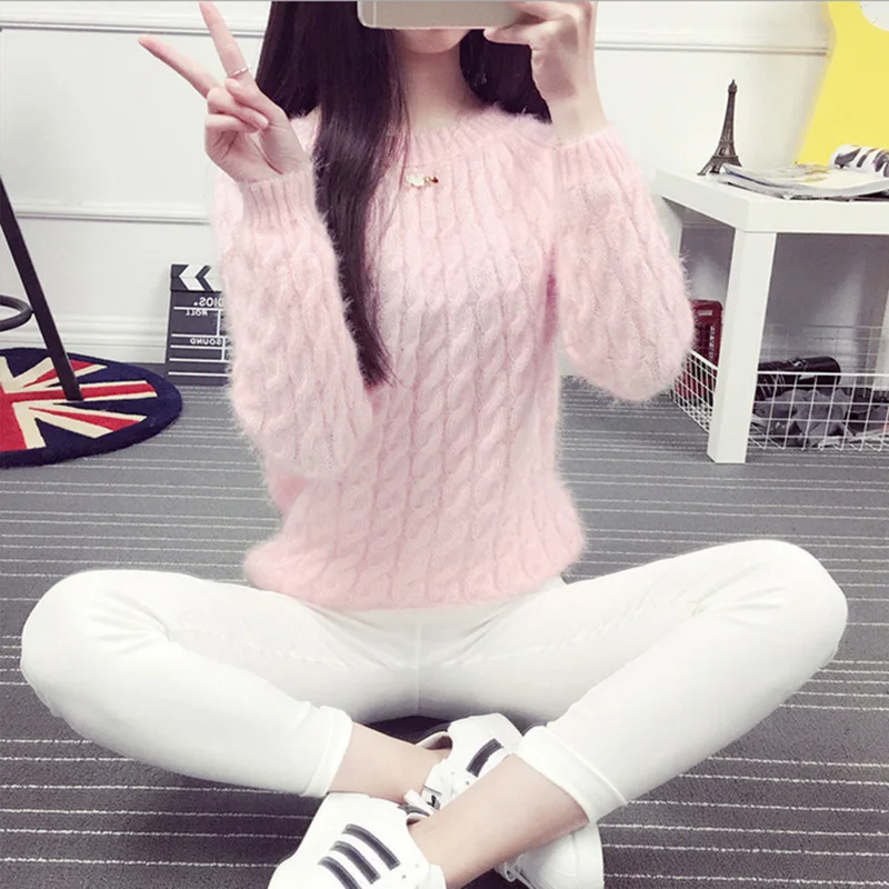 Women Sweaters Autumn Winter New Mohair Sweater Twist Loose Short Solid Color Round Neck Pullover Bottoming XY514 | Женская одежда