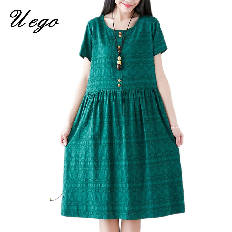 

Uego 2019 New Arrival Pure Color Short Sleeve Summer Dress Cotton Linen Button Chic Shirts Dress Plus Size Women Casual Dress