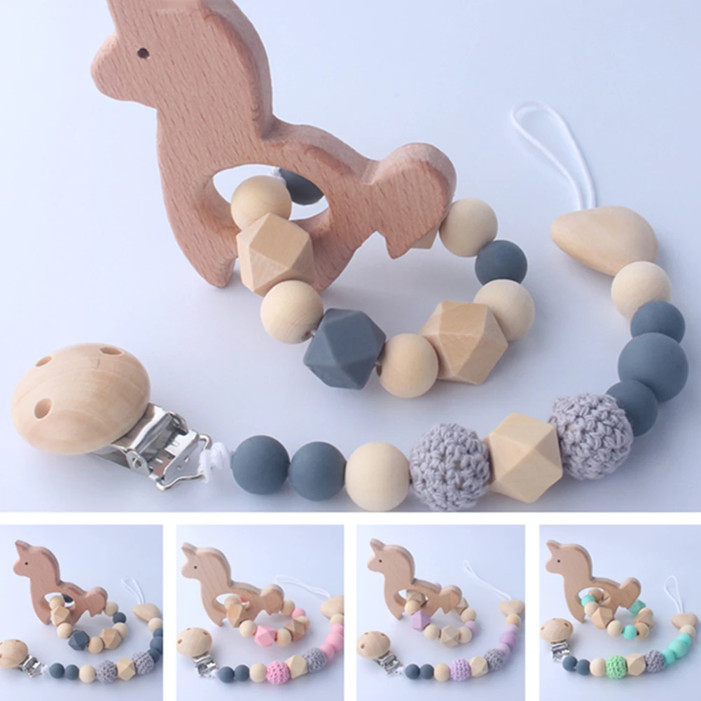 

2PCS Pacifier Clip Baby Beech Toy Silicone Nipple Chain Set With Teether Wooden Pacifier Clip Chain Beech Teether Products Toys