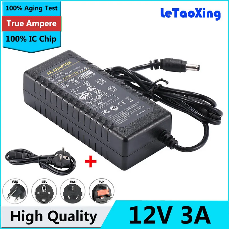 

AC DC 12V 3A Light Transformers Adapter Converter, 12V 3A Switching Power Supply 36W with EU US UK AU Cord Cable