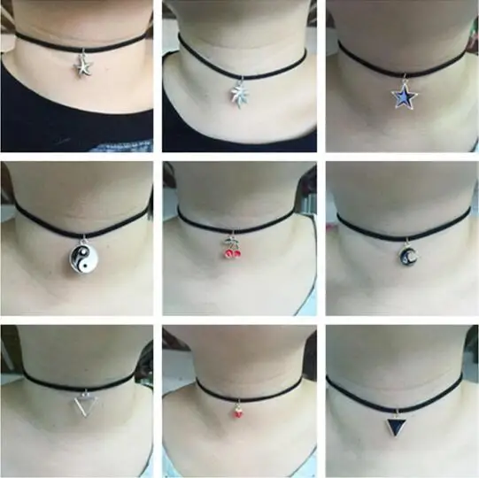 

Fashion Vintage Black Velvet Necklace Alloy triangles stars feathers leaves peach heart moon pendant female clavicle necklace