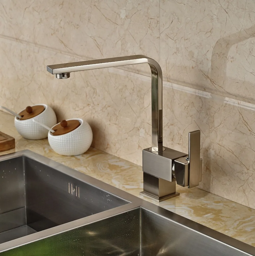 

Luxury Brushed Nickle Kitchen Sink Faucet Single Lever Deck Mounted Swivel Spout Mixer Faucet