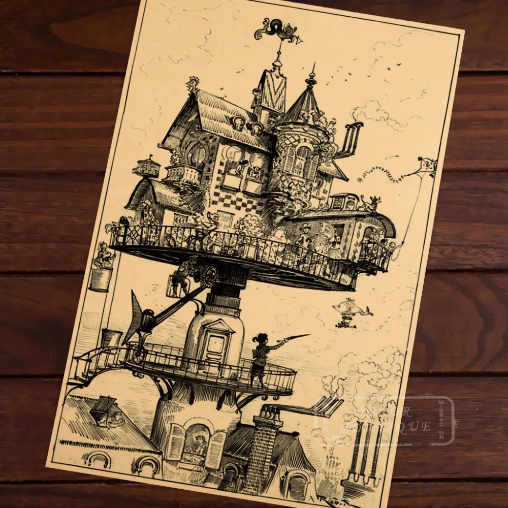 

Steampunk Small House of Complex Design Room Frame Vintage Kraft Decorative Poster DIY Wall Canvas Sticker Delicate Home Bar Dec