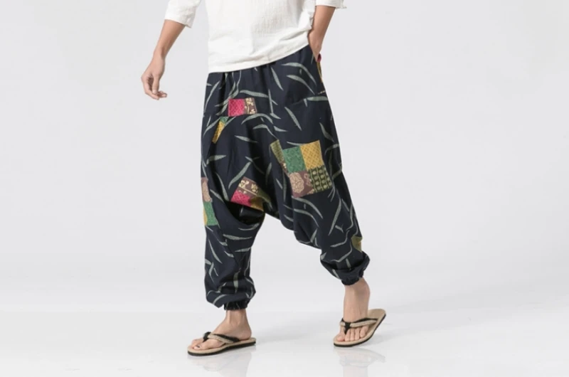 2019 весенние мужские мотобрюки Винтаж печати длинные льняные повседневные свободные брюки Fit дамские шаровары уличная хип хоп шнурок