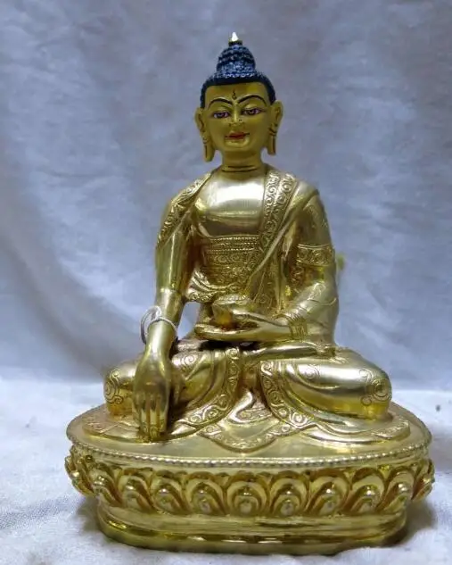 

S5476 6" China gilt bronze Buddhism apothecary Medicine Buddha Painting Statue