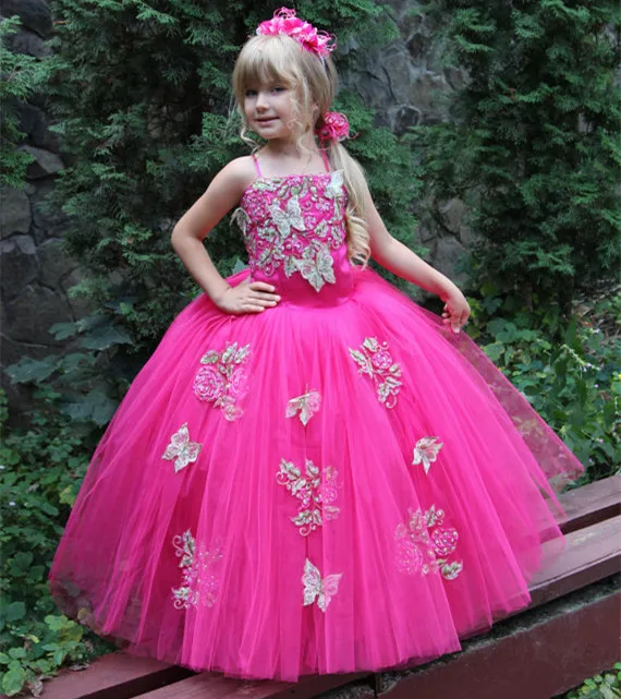 

2017 Pink Ball Gown Beading Puffy Tulle Ankle Length Sleeveless Flower Girl Dress for Wedding Girls Pageant Gown Custom Made