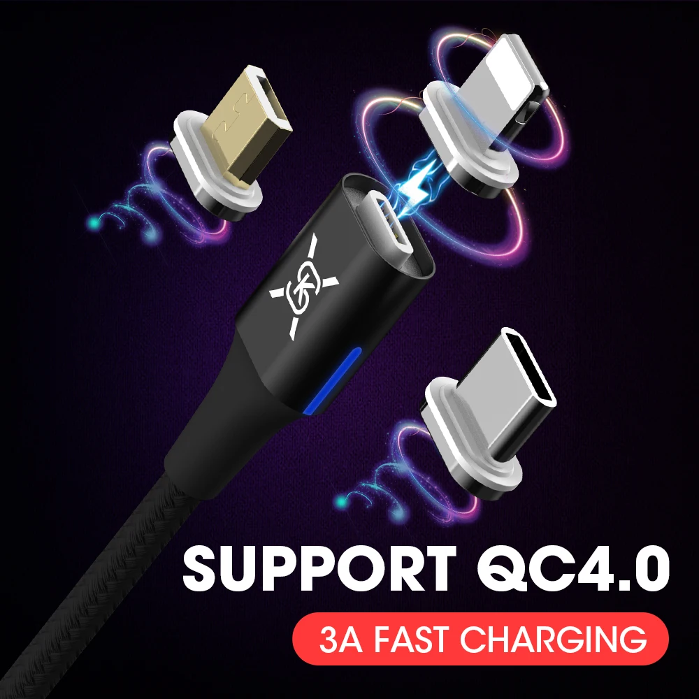 

SIKAI 3A Magnetic USB Cable For Iphone X Max 7 8 USB Data Sync 3 IN 1 Fast Charging Cable for xiaomi huawei Magnet Cable