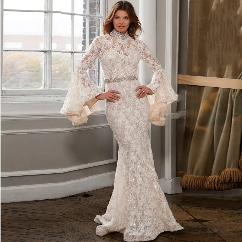 Modest Beading High Neck Wedding Dresses Big Long Sleeves Good