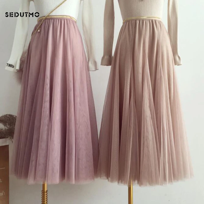 SEDUTMO, Весенняя фатиновая юбка, Женская плиссированная юбка-пачка макси, высокая талия, сетчатая летняя эластичная черная юбка, наряд для Бала Лолита, юбка ED121