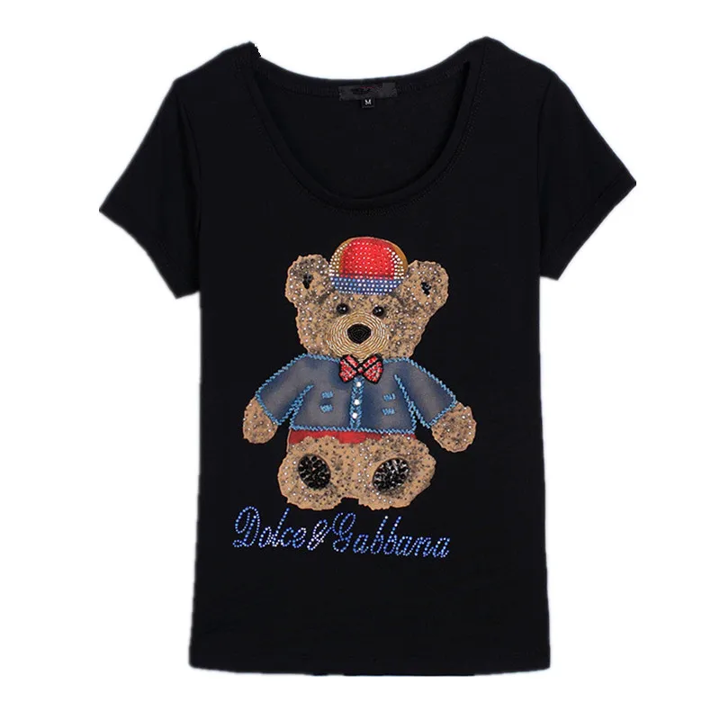 

Hiawatha Short Sleeve Fashion Diamond Cartoon Pattern T Shirt Women Slim O-Neck Summer Tops Tees Beading T-Shirts TX024