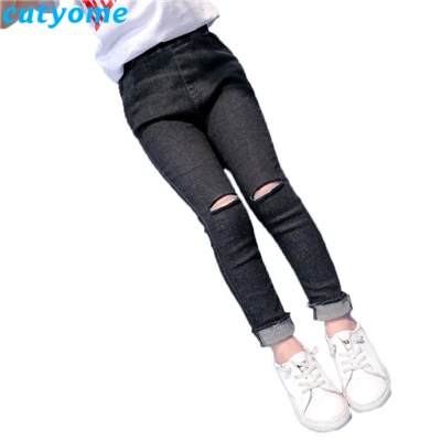 Черные джинсовые штаны для девочек-подростков; весенние модные рваные джинсы для детей; узкие брюки для девочек; Эксклюзивная детская одежда; 7/8 9 - Цвет: Black Girls Jeans