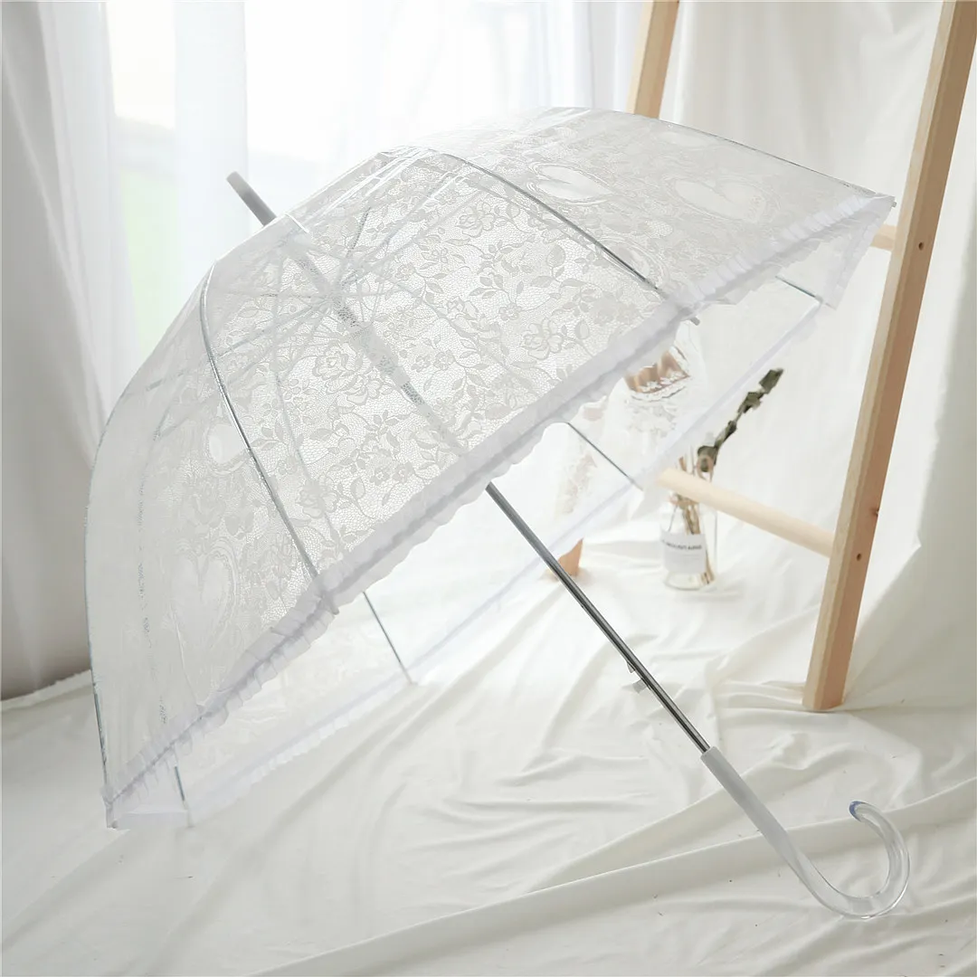 

Summer Love Heart Small Fresh White Lace Black Bent Handle Semi-automatic Long Handle Umbrella Arch Transparent Umbrella