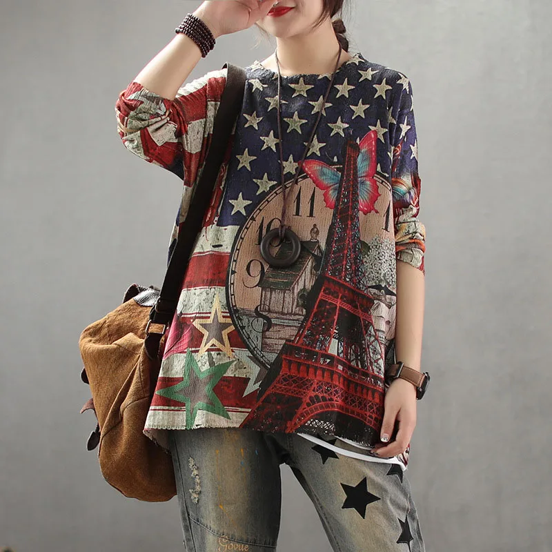 

Knitted Sweater Women Retro Loose Pullovers Long Sleeve Autumn Tops O-Neck Streetwear Print Pattern Ladies Casual Thin Outwear