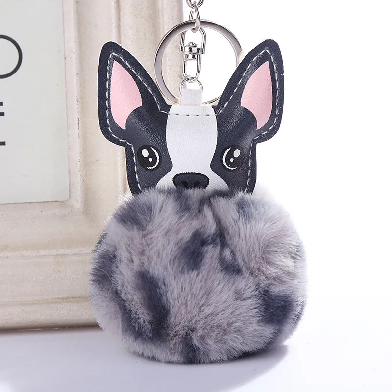 

Imitation Fluffy Rabbit Fur French Bulldog Keychains Pompom Leather Artificial Animal Dog Key Ring Bag Pendant Accessory