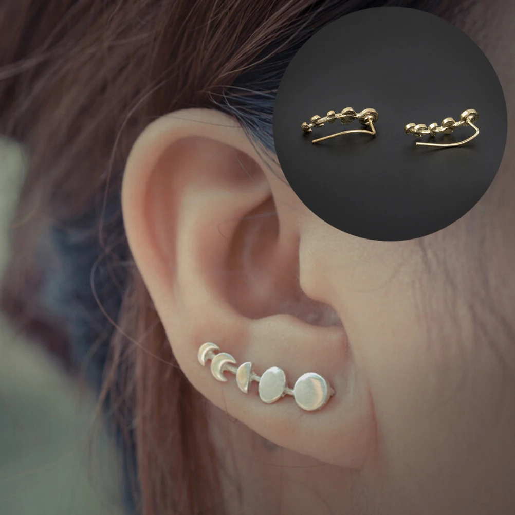 1Pair Silver/Gold Moon Phases Ear Cuffs Earrings Ear Climber Women Ear