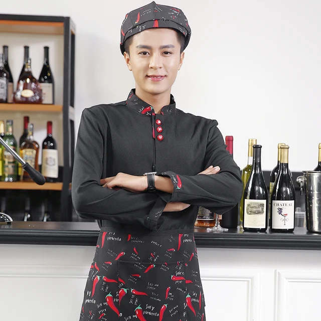 Chili Print Waiter Jacket Patchwork Chinese Restaurant Hot Pot Shop Waitress Waiter Work Uniform