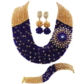 

Fashion Gold AB Royal Blue African Wedding Beads Jewelry Set Crystal Multistrands Nigerian Necklace for Women 10C-SZ007