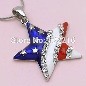 

Best quality 30pcs a lot rhodium plated star America flag with shinning stone pendant Necklace