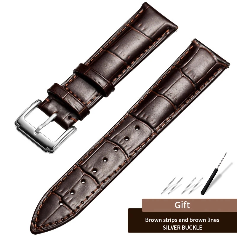 Carouse Watchband Black Real Leather Strap 14mm 16mm 18mm 19mm 20mm 21mm 22mm Watch Band Bracelet Metal Pin Buckle wristband - Цвет ремешка: Silver-Brown