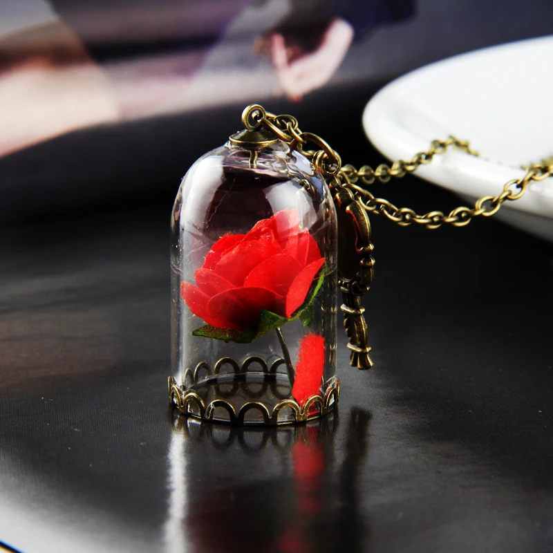 

Popular Beauty and the Beast Necklace Rose in Terrarium Pendant For Ladies Valentine's Day Surprised Gift