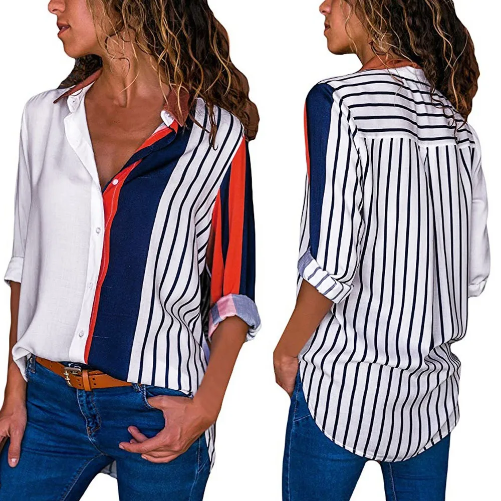

Femme Blouse Fashion Womens Tops And Blouses Casual Long Sleeve Color Block Stripe Button Shirts Tops Women Solid blouse
