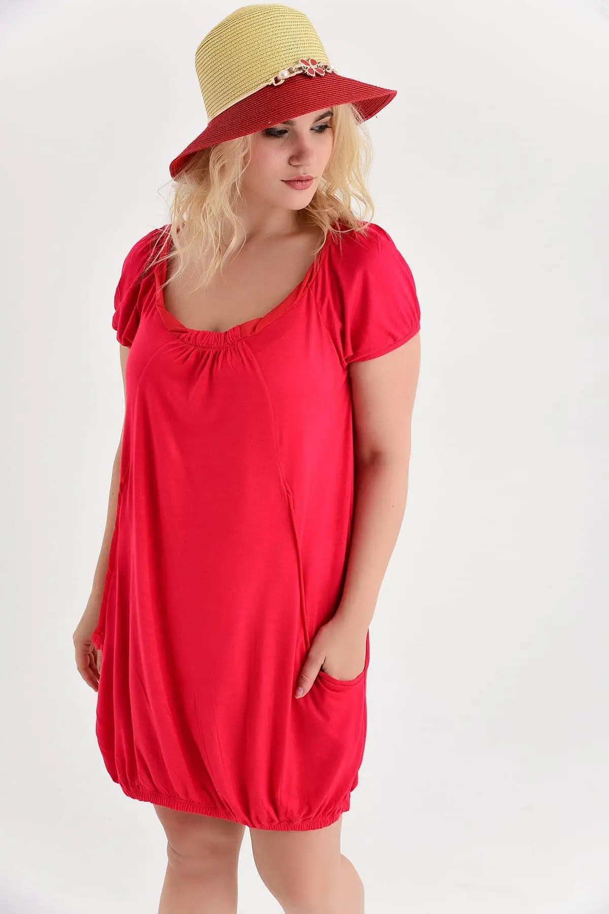 

Big Free Women 'S Red Large Pocket Büzgülü Casual Cut Combed Cotton Dress TB19YB111518