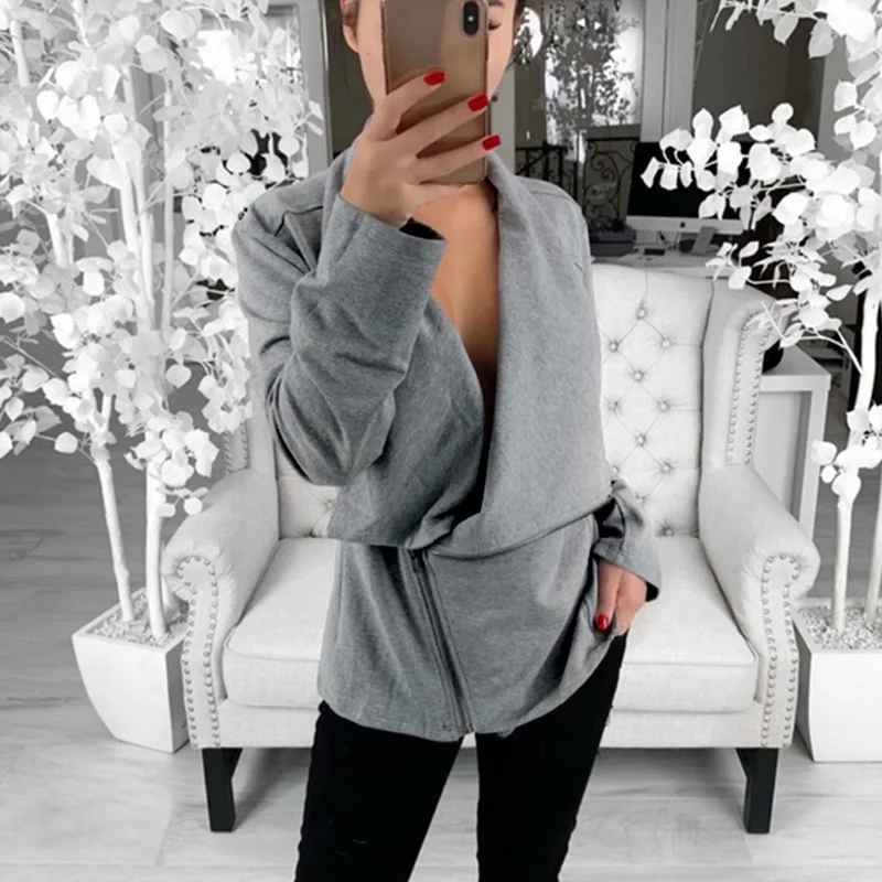 

Laamei Women Cardigan Autumn Long Sleeve Irregular Short Female Grey Women Sweater Loose Ladies Coat Slim Outerwear Fashion