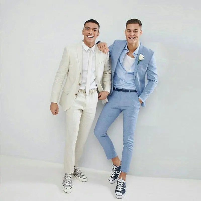 

Latest Coat Pants Blue Men Suits for Wedding Ivory Linen Groom Tuxedo 2Piece Slim Terno Masculino Costume Homme Prom Man Blazer