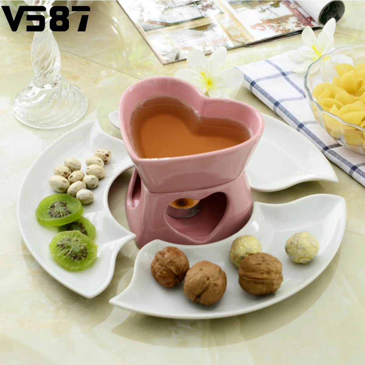 Heart Lovers`s Ceramic Chocolate Fondue Set Fondue Dipper Cheese Hot
