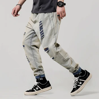 

2019 New Broken Hole Jeans New Korean Harem Jeans Fashion Mens Loose Nine Pants Large Size 4XL 5XL