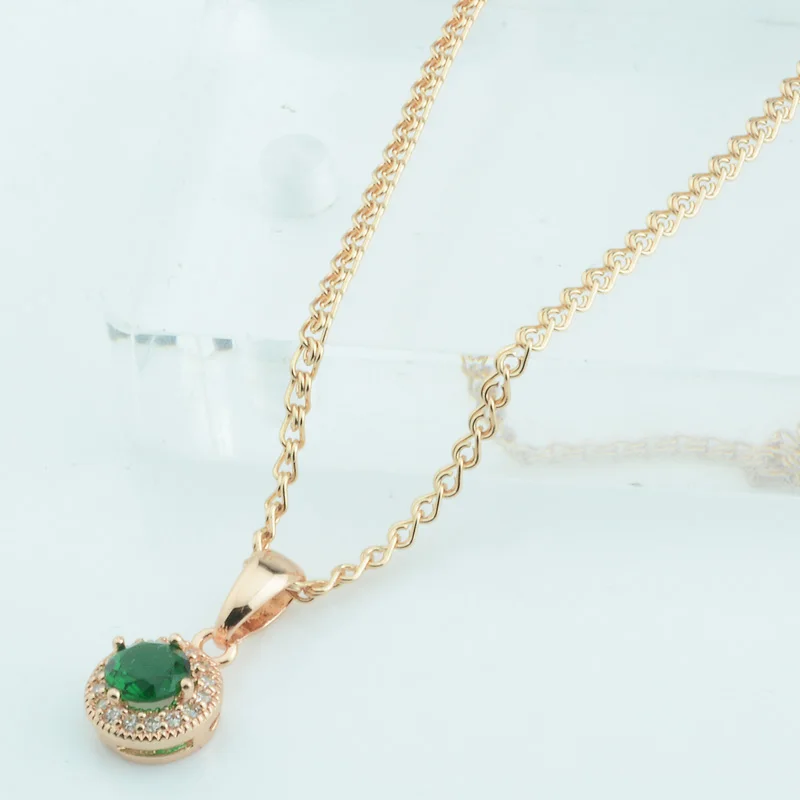 FJ Women 585 Rose Gold Color Green/Black Stone Cubic Zircon Pendant Wave Chain 45cm Necklace