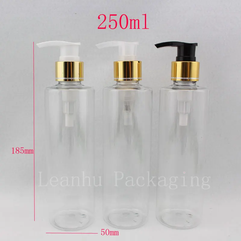 250 мл Прозрачный (прозрачный) пустой пластиковые бутылки для шампуня с золотой насос лосьона, 250cc пустой гель для душа бутылки ПЭТ контейнеры