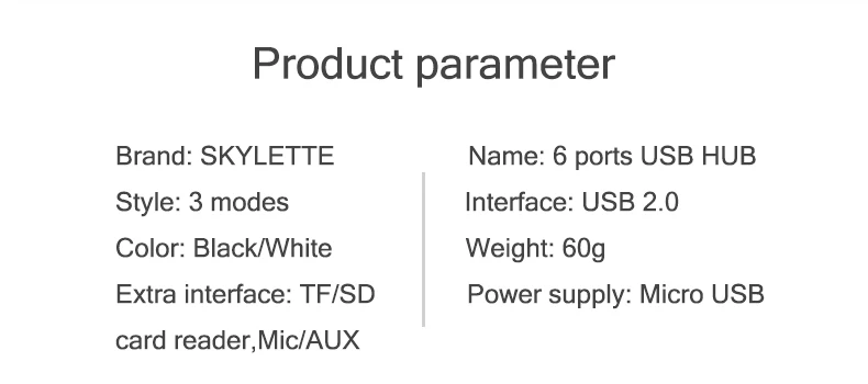 6 портов usb-хаб 1 м разветвитель кабеля с устройство для чтения карт SD TF Mic AUX классный светильник USB 2,0 концентратор для нескольких устройств настольного ноутбука