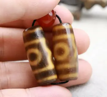 

LKbrother Talisman Treasure Energy Pair of Tibetan Old Agate Ivory Color 3 eye Wealth&Luck Totem dZi Bead Amulets