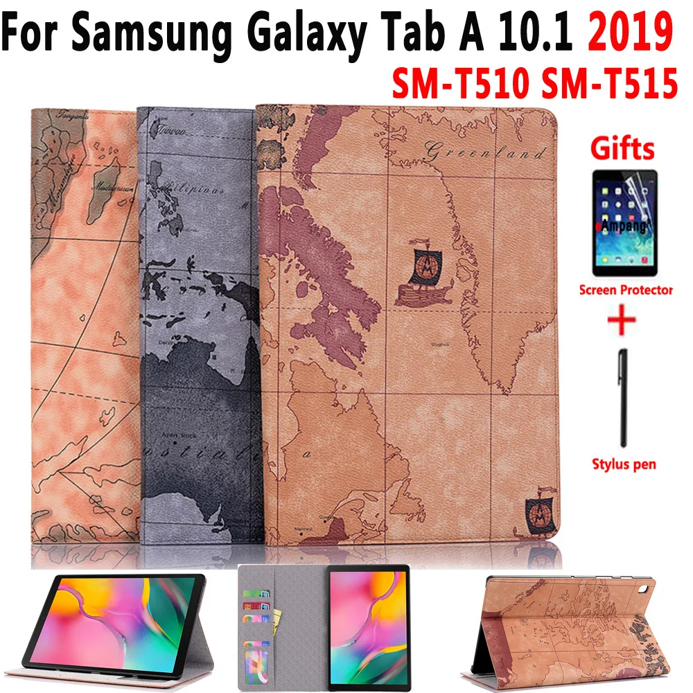 

World Map Case for Samsung Galaxy Tab A 10.1 2019 SM-T510 SM-T515 T510 T515 Cover Funda Capa Fashion Flip Stand Shell +Flim+Pen