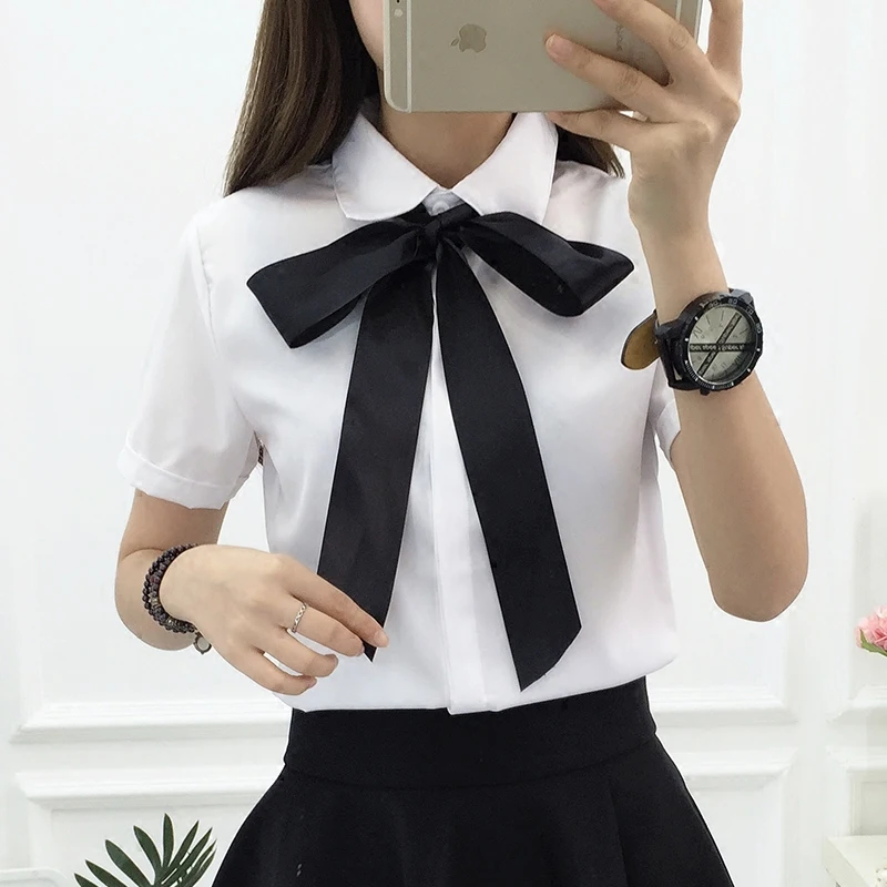  Cheap 2019 Fashion female elegant bow tie white blouses Chiffon turn down collar shirt Ladies tops 