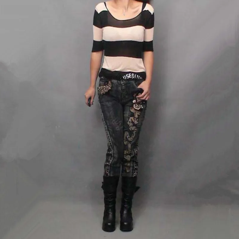 

Free Shipping 2018 New Denim Jeans Trousers For Women Zipper Rivet Decoration Rock Punk Tassel Jeans Pants Stretch Plus Size XL