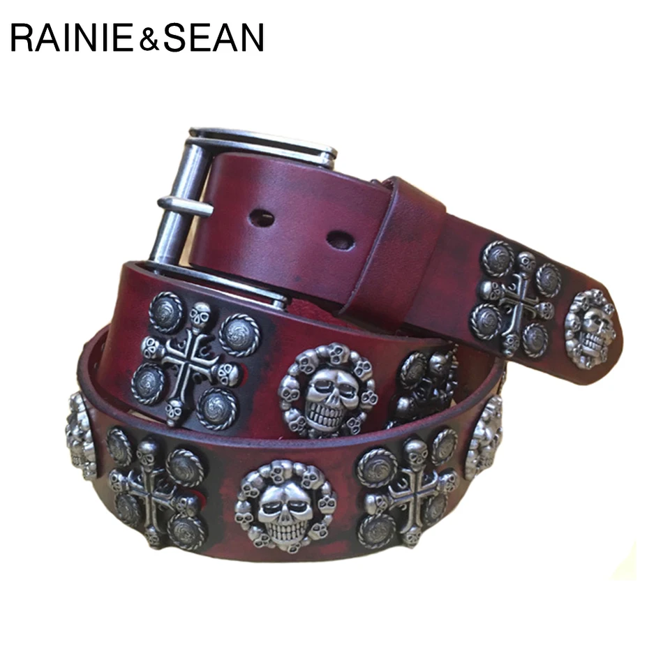 RAINIE SEAN Genuine Leather Belts For Men Skull Rock Black Pin Buckle Belt Male Real Leather Cowhide Italian Brand Square Belts