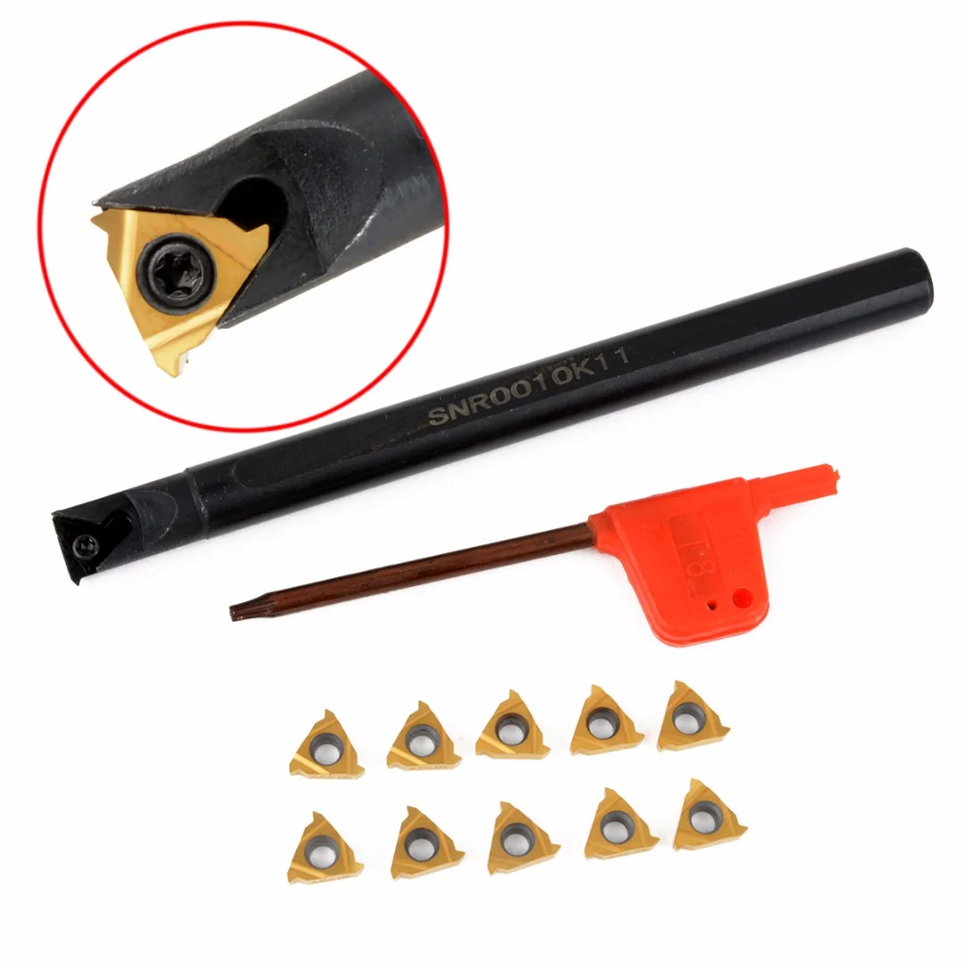

10pcs 11IR A60 Carbide Inserts Golden Blades + 1pc SNR0010K11 Lathe Boring Bar Turning Tool Holder