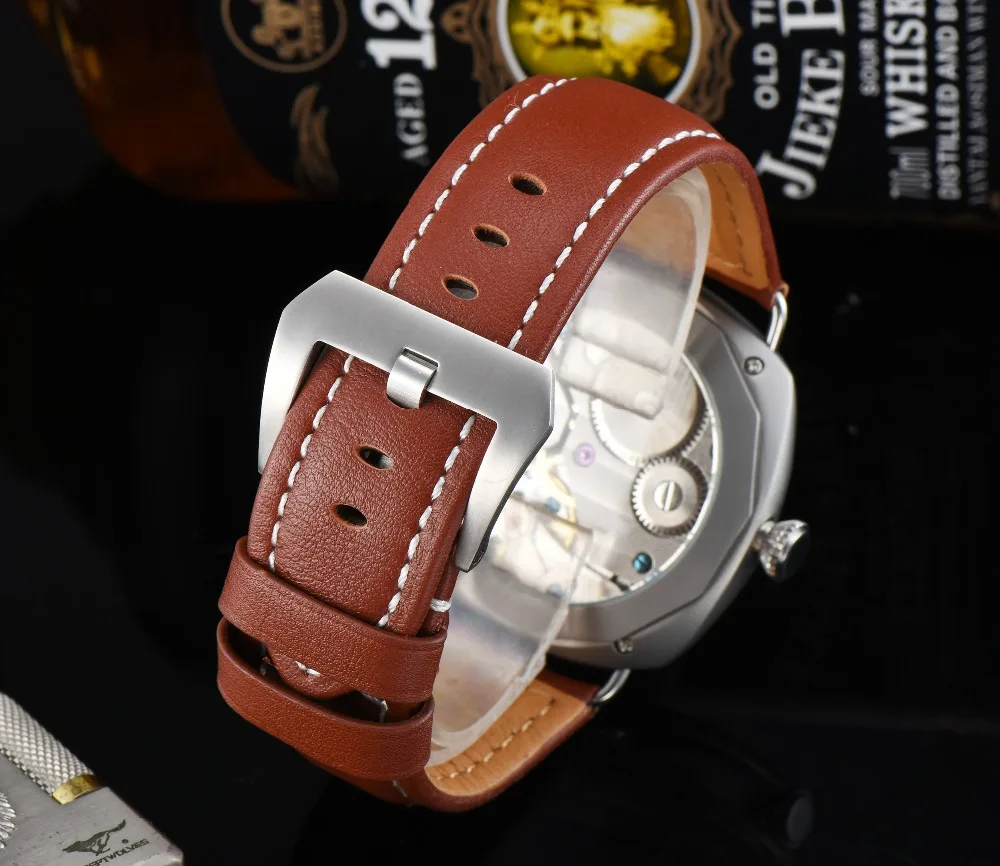 45 мм модные мужские часы с черным циферблатом коричневый кожаный ремешок Белый Нержавеющая сталь прозрачная задняя крышка часы