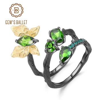

GEM'S BALLET 1.84Ct Natural Chrome Diopside Gemstone Ring 925 Sterling Silver Handmade Butterfly on Branch Rings for WomenBijoux
