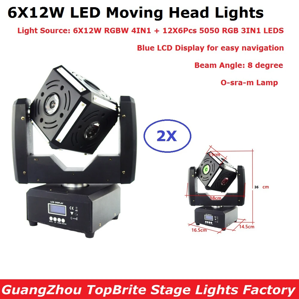 Fast Ship 2Pack 6X12W RGBW Quad Color Strips Cube LED Moving Head Lights 8 Degree Beam Angle Professional Stage Shows Equipments