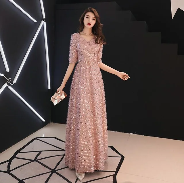 Золотые вечерние платья с v-образным вырезом, Длинные розовые свадебные вечерние платья с пайетками,, макси вечернее платье LYFY128 - Цвет: Розовый