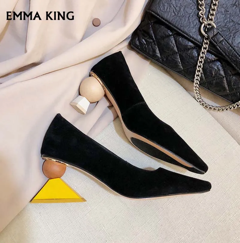 

Spring 2019 New Solid Strange Style Heels Retro Thick Heel Pointed Toe Pumps Women Shallow Suede Sexy Dress Party Shoes Woman